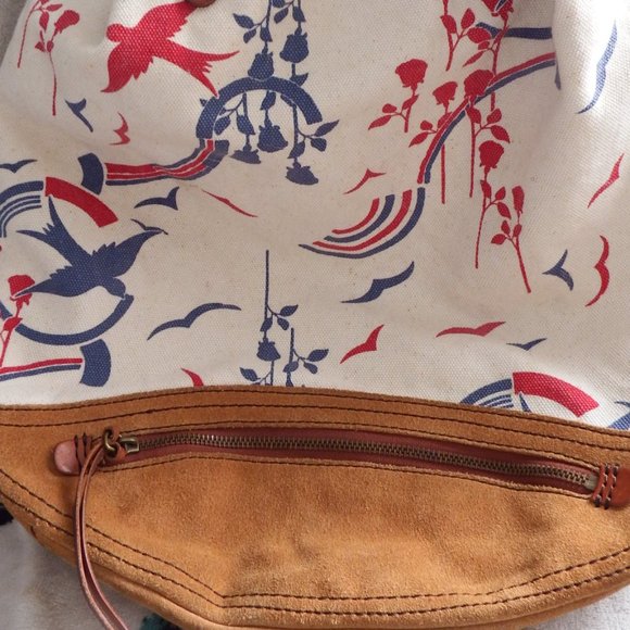 Lucky Brand Vintage Inspired Canvas Backpack Leather Trim Birds Rainbows - Picture 10 of 10